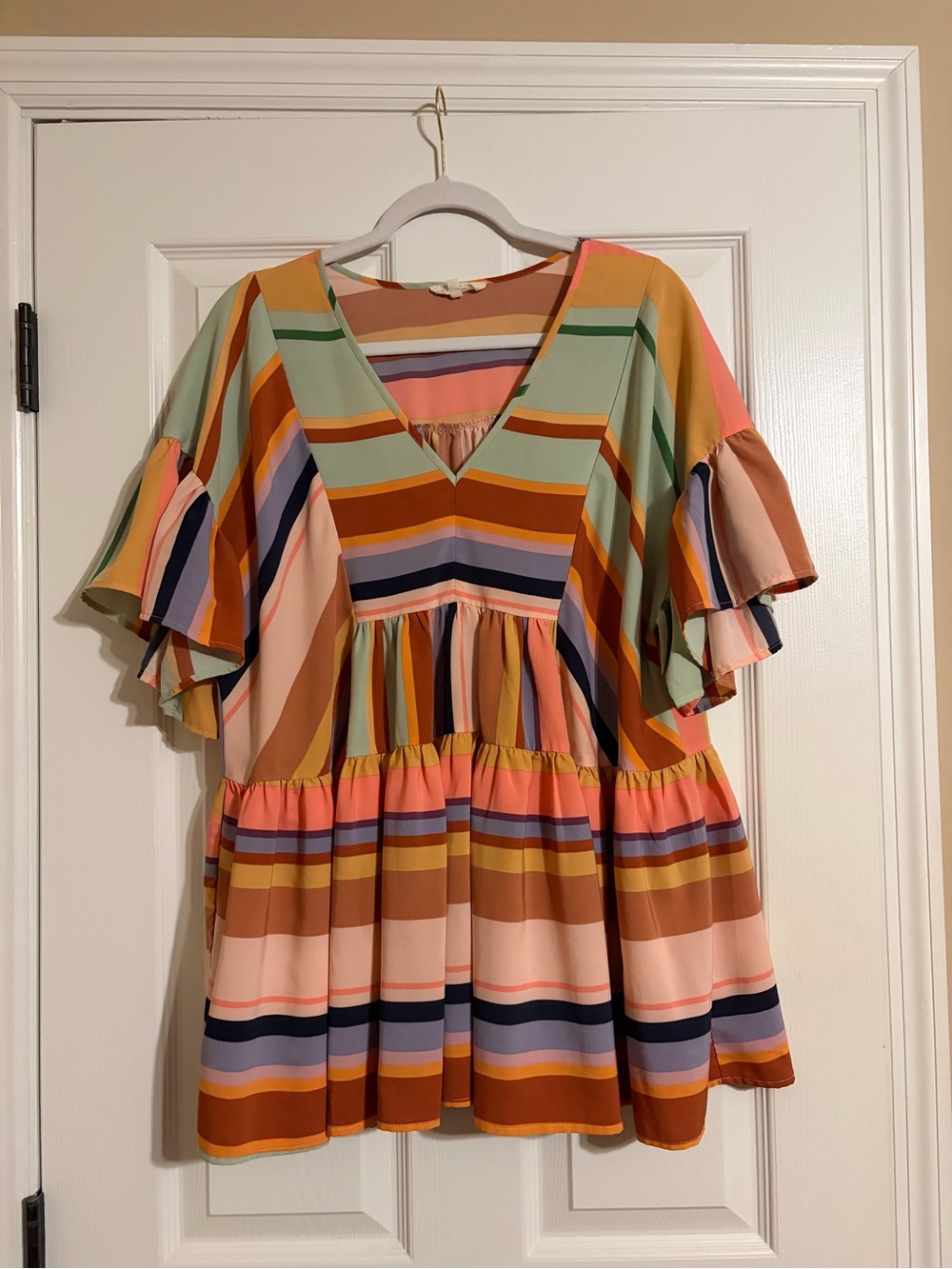 entro Multicolor Striped V-Neck Tiered Blouse